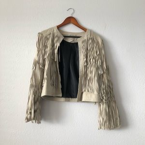 All REAL taupe leather suede fringe jacket